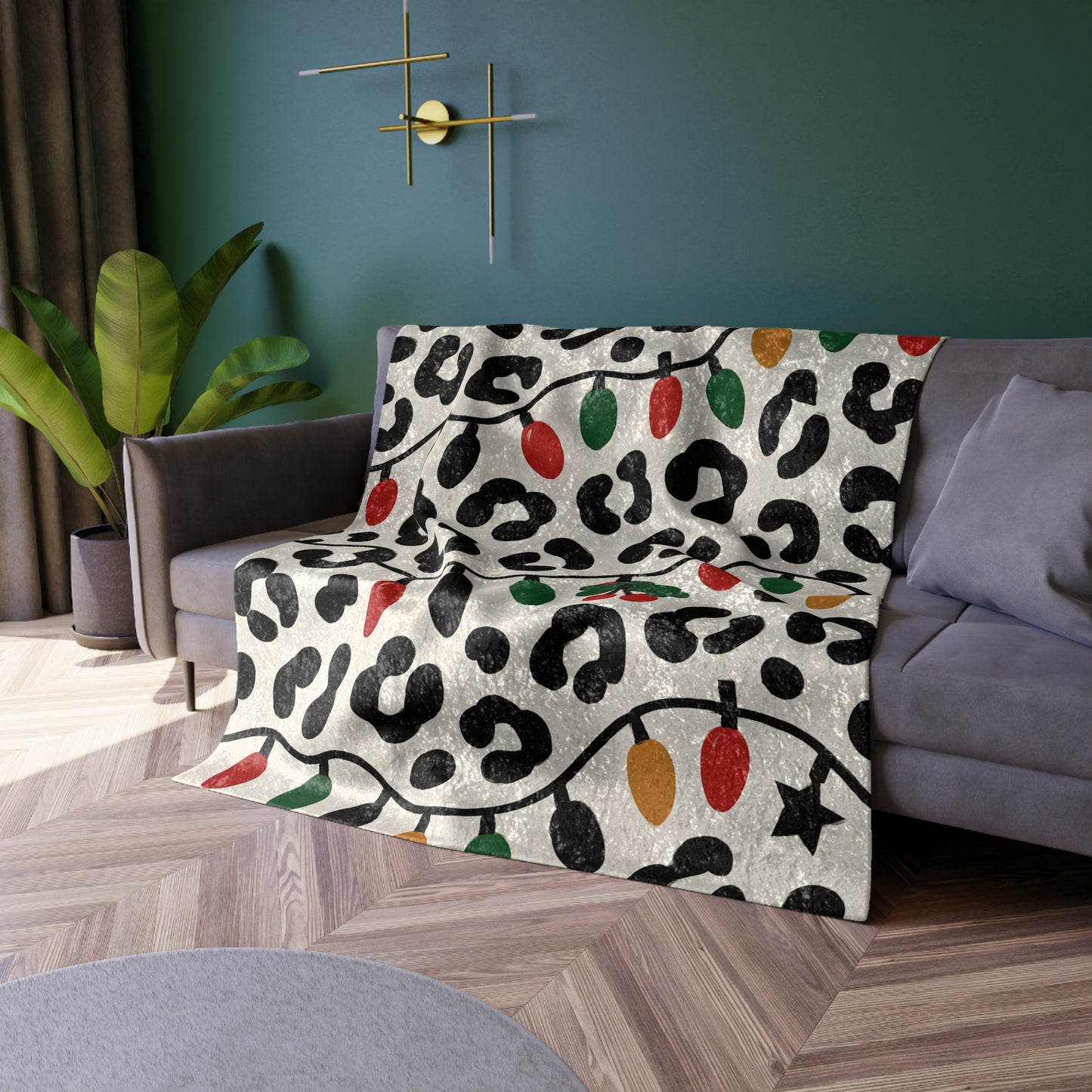 Holiday African Leopard Print Crushed Velvet Blanket — Festive Christmas Lights & Mistletoe Throw