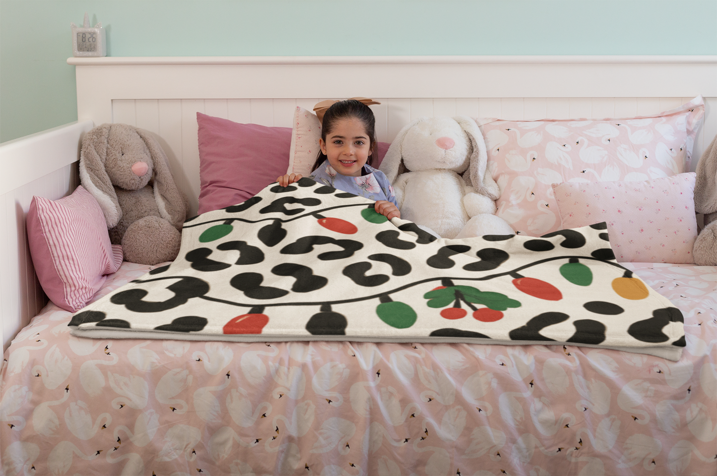 Holiday African Leopard Print Crushed Velvet Blanket — Festive Christmas Lights & Mistletoe Throw