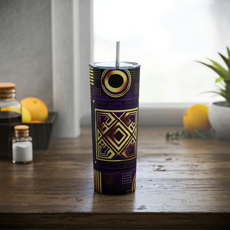 African Geometric Pattern Skinny Steel Tumbler with Straw, 20oz